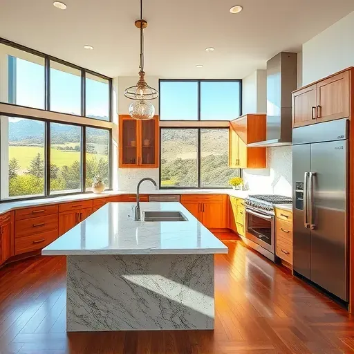 Remodeled Carmel Valley kitchen with granite countertops, stainless steel appliances, custom wood cabinets, marble island, and scenic views