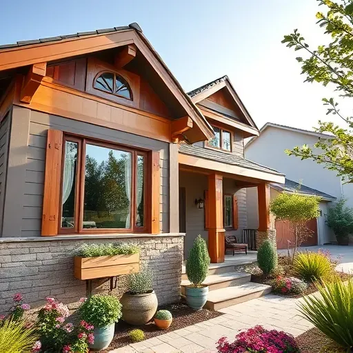 Home remodeling project in Jesmond Dene CA with stylish exterior, modern windows, inviting porch, and vibrant garden.