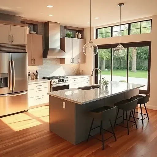 Renovated Morro Hills kitchen with modern matte cabinetry stainless appliances granite island natural light lush backyard