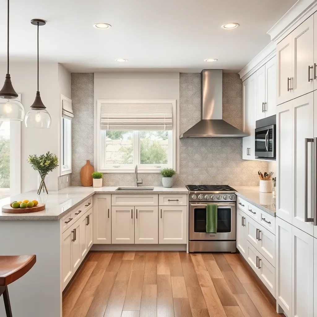 Modern coastal kitchen in Leucadia, CA featuring white quartz countertops, navy and wood cabinets, ocean views, and stainless appliances.
