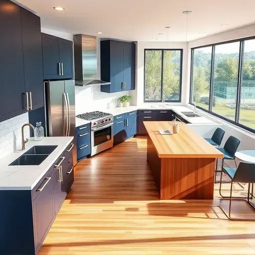 Modern kitchen with navy blue cabinets, marble countertops, wooden island, stainless steel appliances, hardwood floors, and lush outdoor view