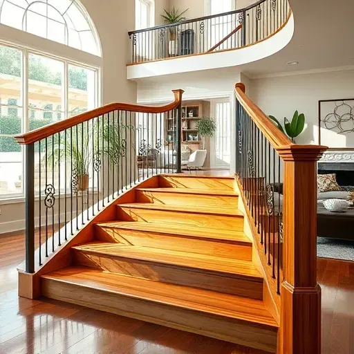 Remodeled Vista CA staircase with hardwood steps wrought-iron balusters and wooden handrail in a modern bright interior