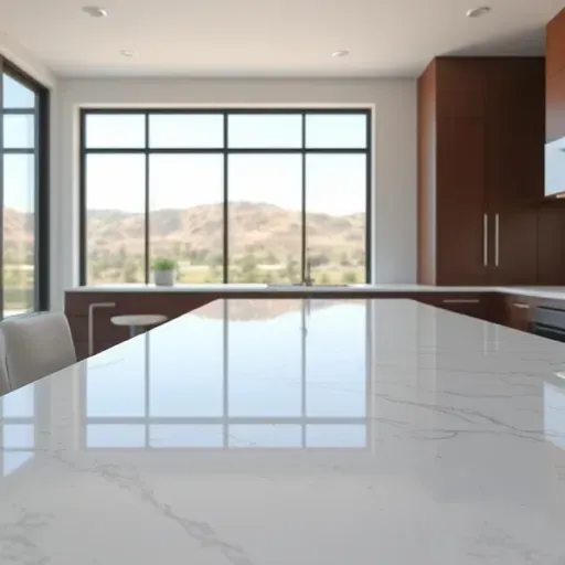 Flawlessly installed quartz kitchen countertop in Vista California with natural light, modern cabinetry, and scenic outdoor view
