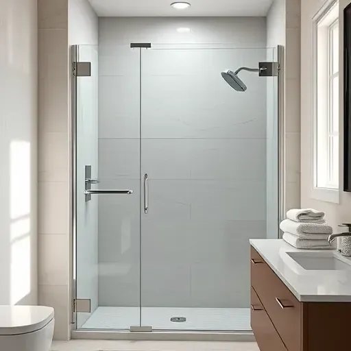 Freshly installed frameless glass shower door with chrome hinges in a modern, minimalistic bathroom with marble walls and natural lighting