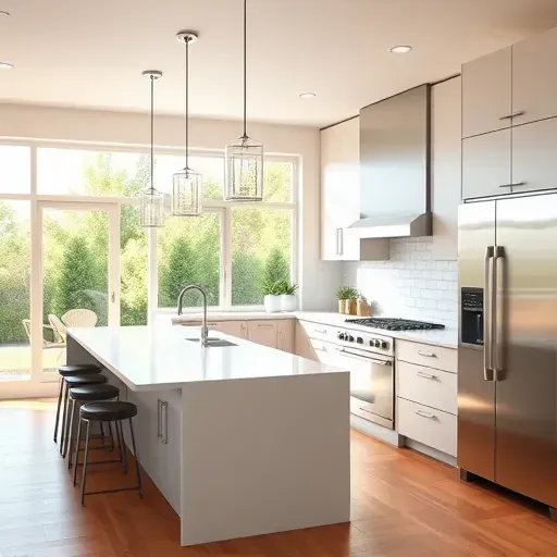 Newly renovated kitchen in Vista CA with modern cabinetry, quartz island, stainless appliances, and garden views.