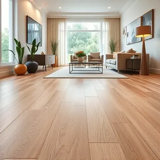 Close-up of warm-toned waterproof flooring with smooth woodgrain pattern in a modern stylish interior with natural light and elegant decor