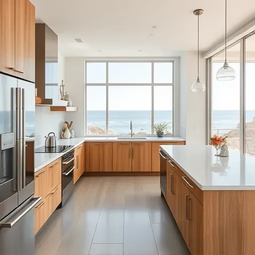 Modern remodeled Oceanside kitchen with quartz countertops stainless steel appliances coastal decor and ocean view