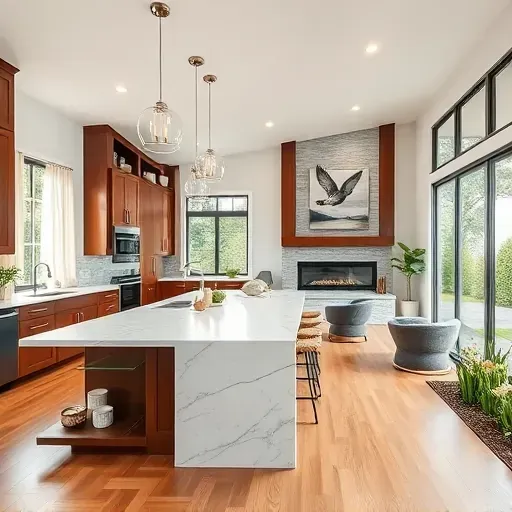 Modern kitchen remodel in Twin Oaks Valley CA with elegant design, high-end appliances, and cozy living area.