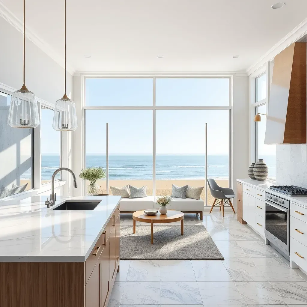 Remodeled Oceanside home with coastal-style facade, wooden deck, patio furniture, and lush desert native plants.