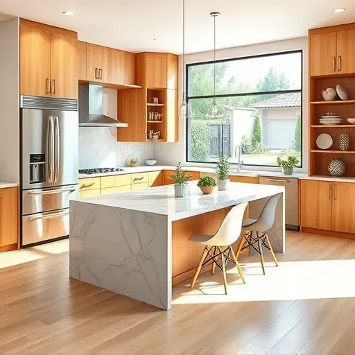 Modern kitchen remodel in Olivenhain CA with stainless steel appliances, marble countertop, and natural light.