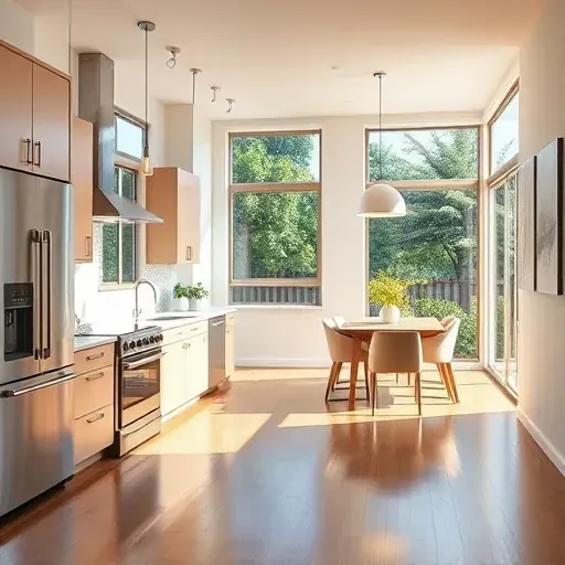 Modern kitchen in Harmony Grove with sleek cabinets, stainless steel appliances, quartz countertops, and pendant lighting.