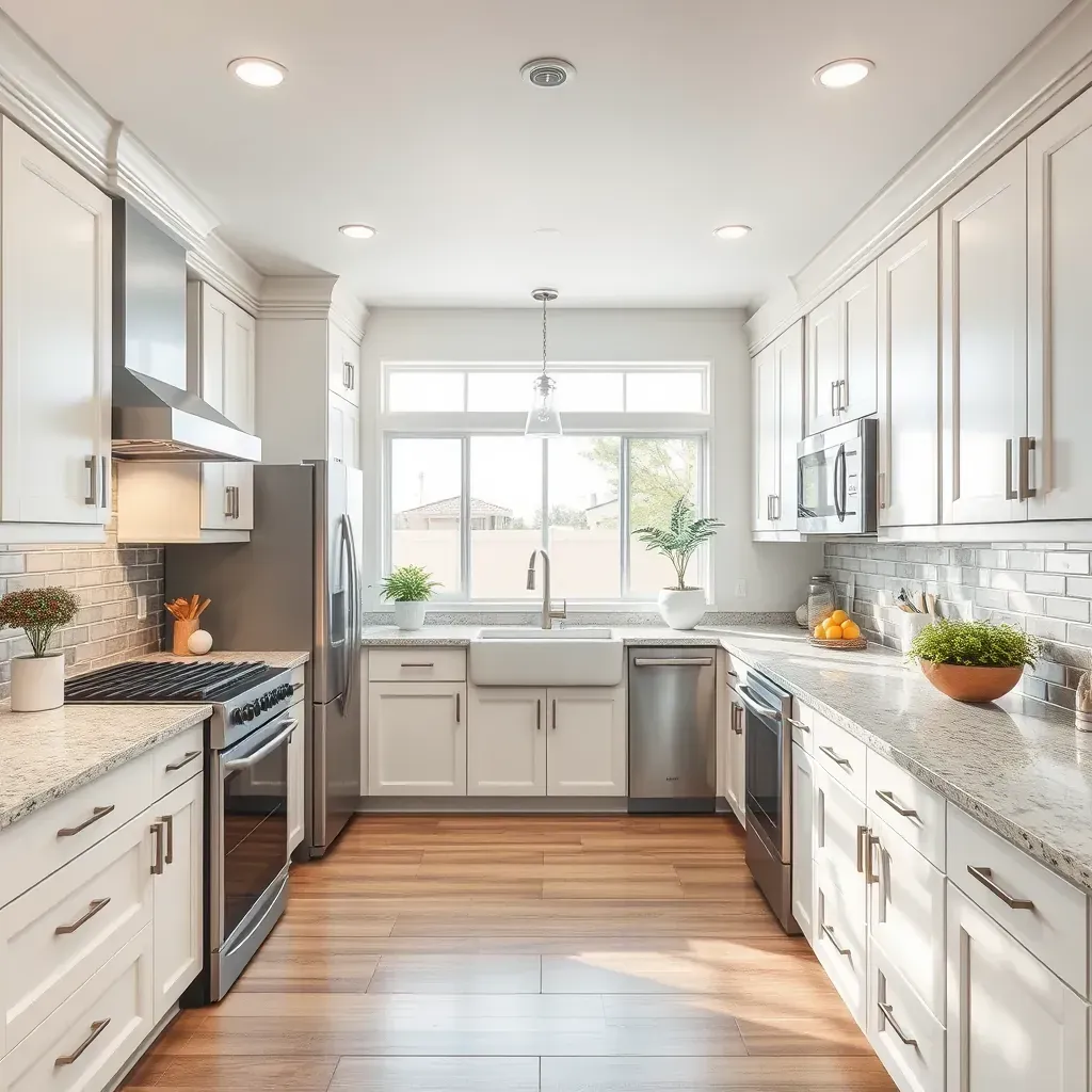 Modern Clairemont kitchen with white cabinets, quartz countertops, stainless appliances, and natural light.