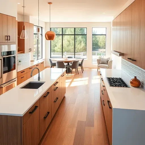 Modern kitchen remodel in Vista, CA featuring quartz countertops, stainless steel appliances, and oak cabinetry.