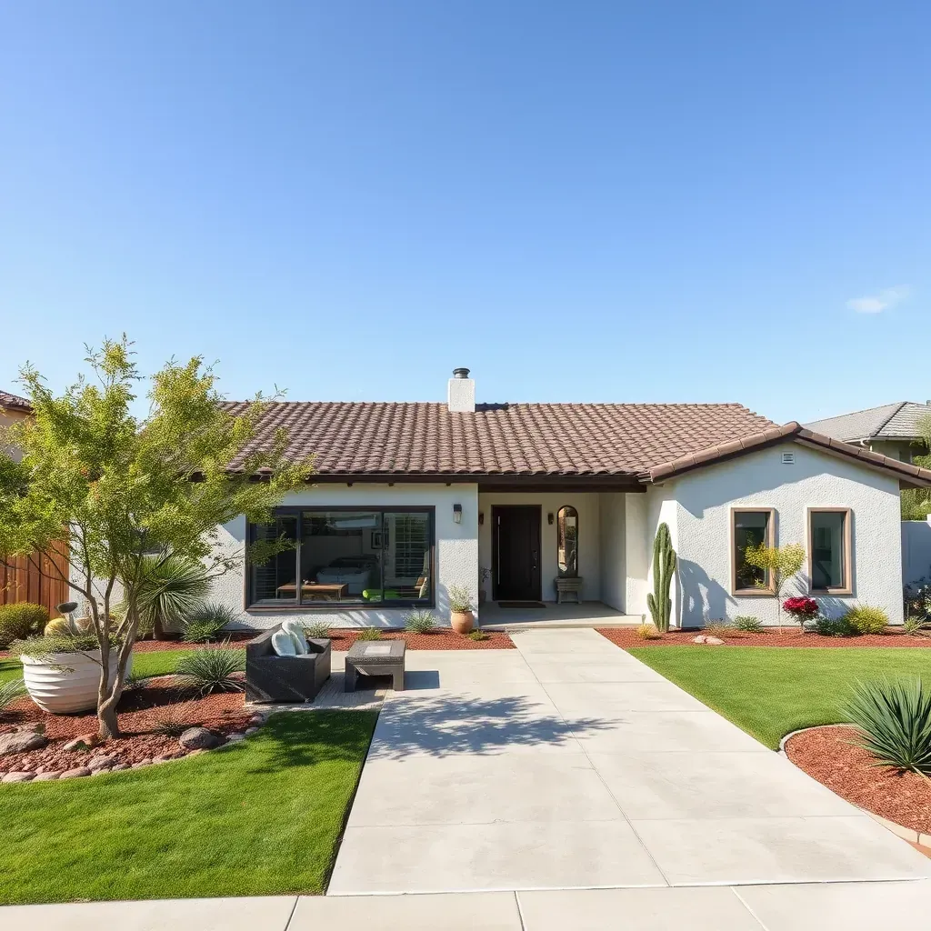 Modern home in Twin Oaks Valley, CA with fresh siding, large windows, lush landscaping, scaffolding, tools, and remodeling materials.