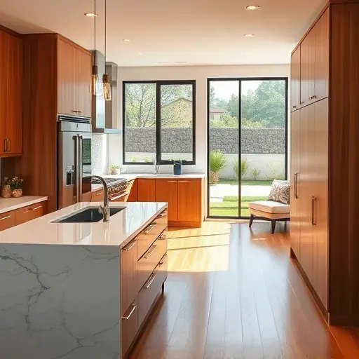 Modern Twin Oaks Valley kitchen with wood cabinets quartz countertops stainless steel appliances marble island hardwood floors lush greenery view