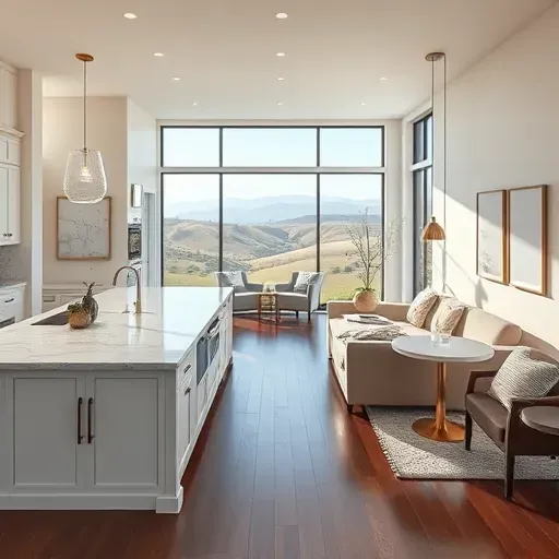 Modern kitchen remodel in Morro Hills CA with sleek appliances, marble island, and elegant white cabinetry.