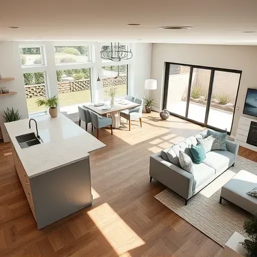 Beautifully remodeled open-concept living space in Del Mar, CA with elegant hardwood floors and natural light.