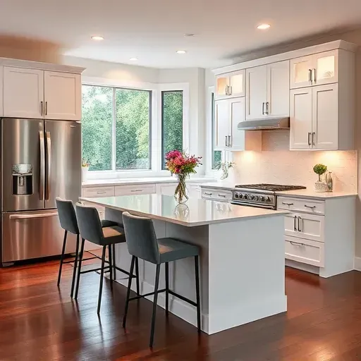 Modern kitchen remodel in San Marcos CA featuring white cabinetry, quartz countertops, stainless steel appliances, and hardwood flooring.