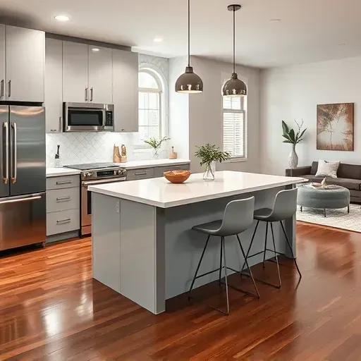 Renovated kitchen in Normal Heights CA with gray cabinetry, quartz countertop, stainless steel appliances, and herringbone backsplash.