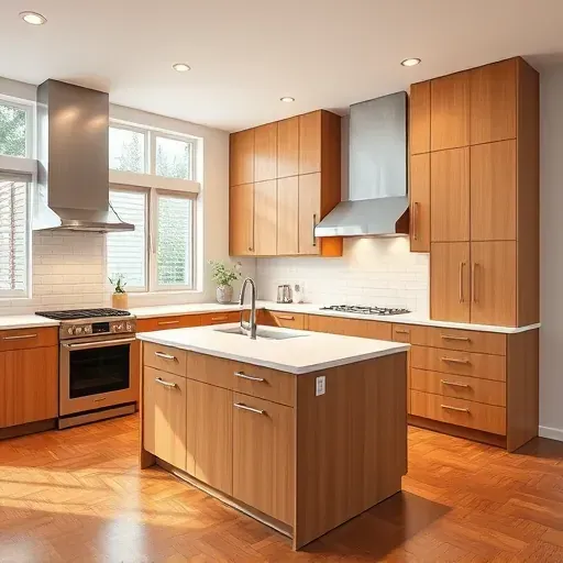 Recently remodeled modern kitchen in Pala Mesa CA with warm wood cabinets quartz island stainless steel appliances and subway tile backsplash