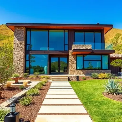 Modern home remodel in San Elijo Hills, CA, featuring stone, wood, and glass with a landscaped yard and floor-to-ceiling windows.