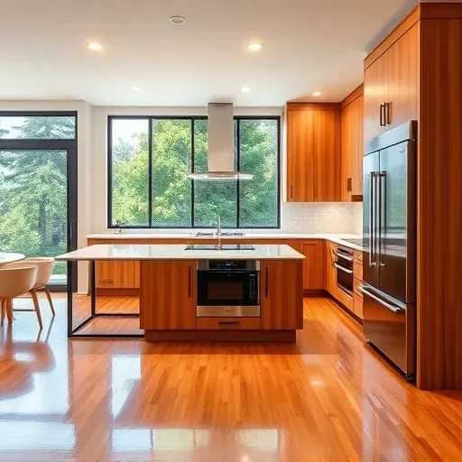Modern kitchen in University City CA with warm wood cabinets, quartz island, stainless steel appliances, and natural light