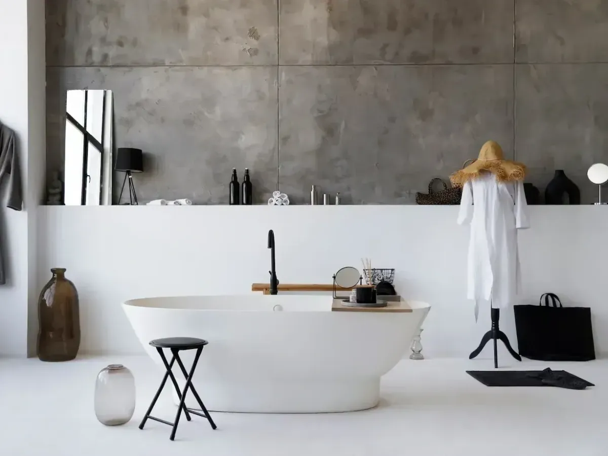 Recently remodeled modern bathroom in Vista CA with a freestanding tub, walk-in shower, sleek vanity, and neutral color palette