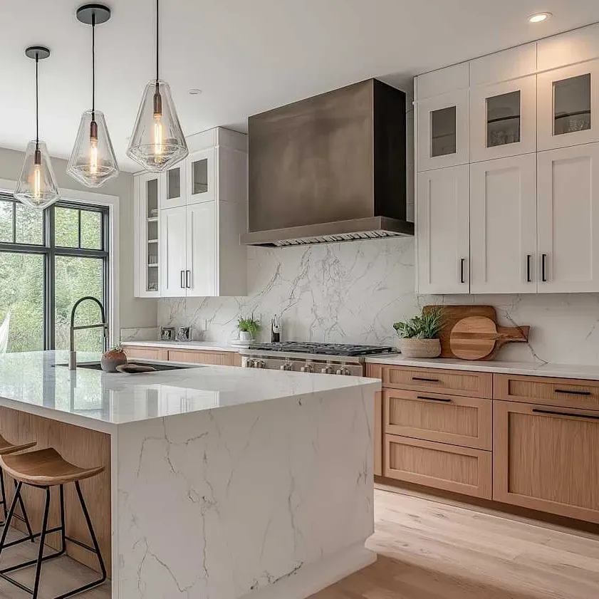 Seamless view of polished wood cabinets in a modern kitchen with granite countertops, natural light and elegant decor