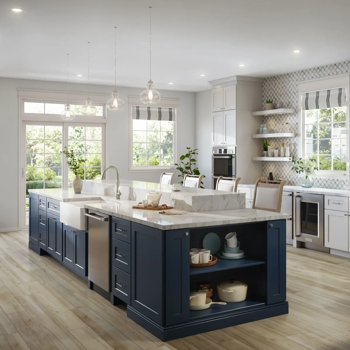 Finished wooden cabinet installation in a bright modern kitchen with natural light, sleek handles, and elegant countertops in Vista CA