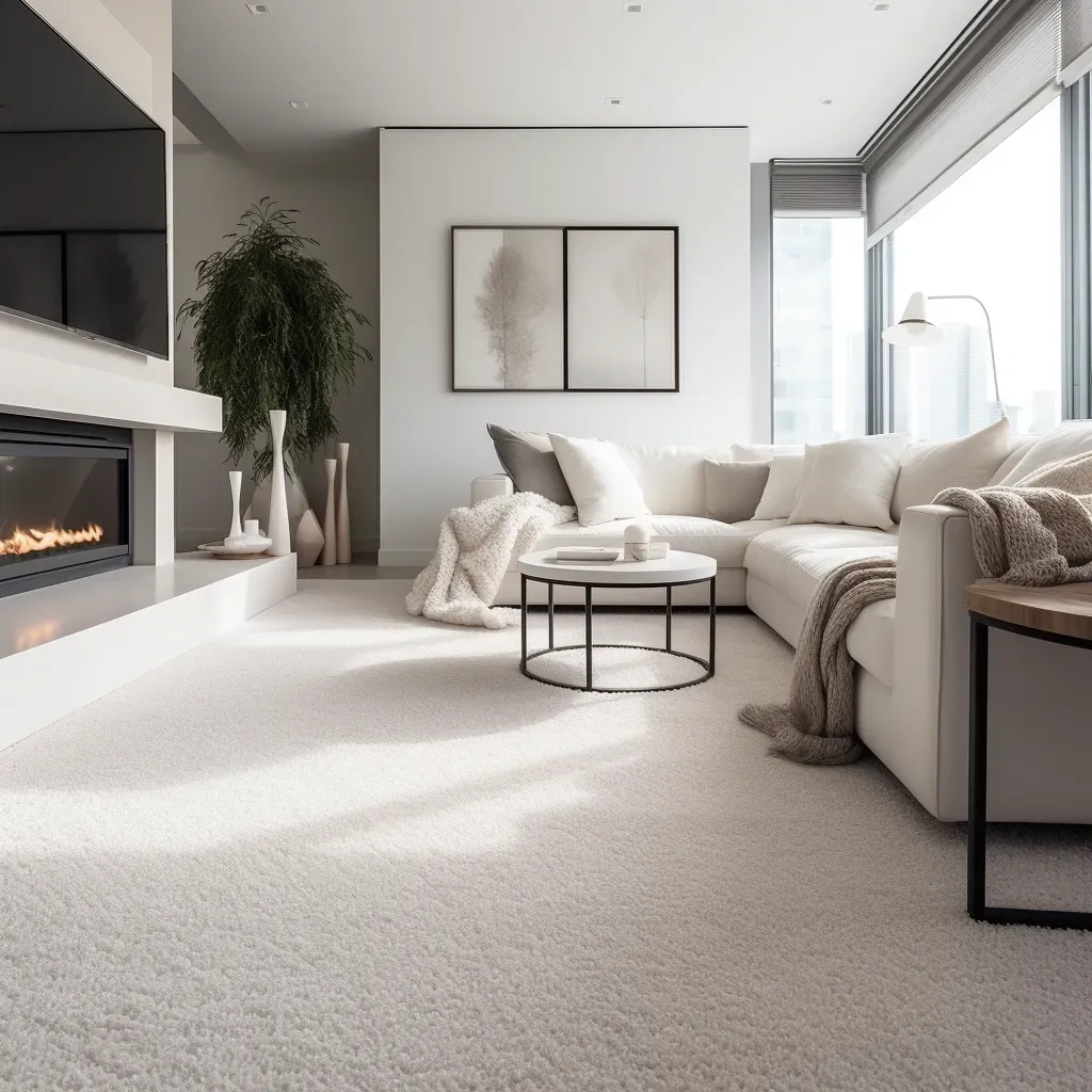 Freshly installed plush carpet in a modern Vista CA living room with natural sunlight, elegant furniture, and garden view