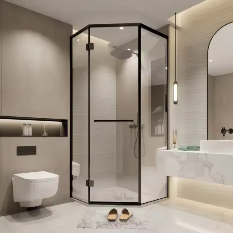 Freshly installed frameless glass shower door in a modern bathroom with marble tiles, chrome hardware, and elegant decor