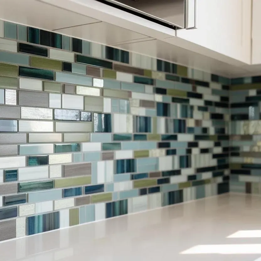 Close-up of a vibrant mosaic tile wall in a modern interior with earthy tones, blues, metallic accents, and natural daylight