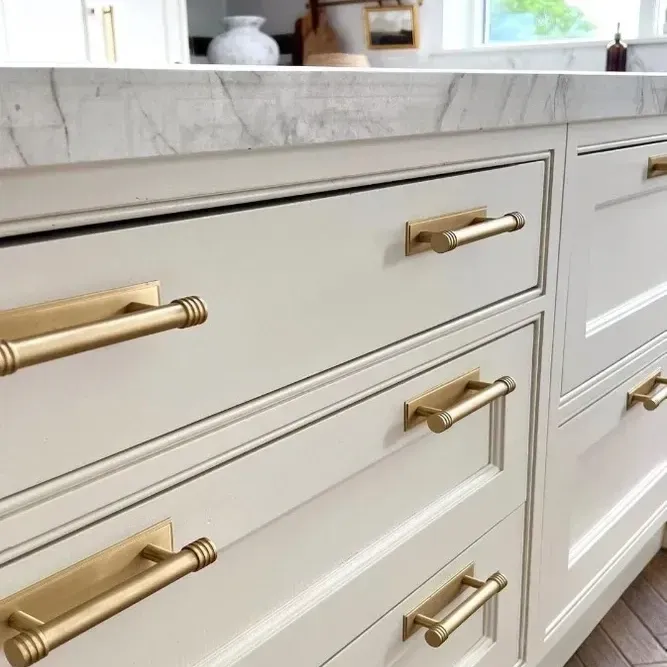Modern Vista kitchen with brushed nickel and matte black cabinet hardware, natural wood cabinets, quartz countertops, and sunlight.