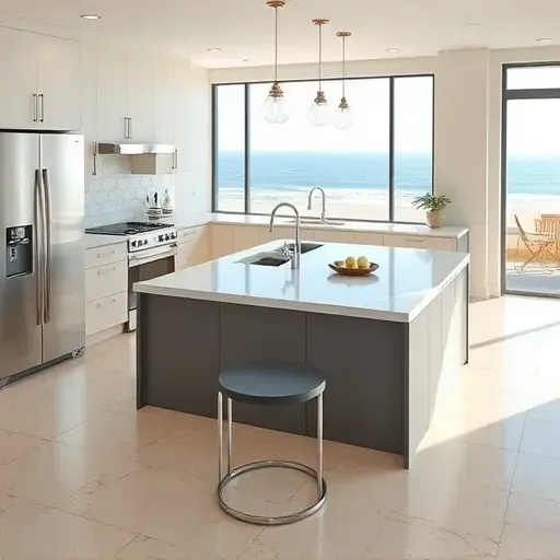 Completed kitchen remodel in Del Mar CA featuring modern cabinetry, quartz countertops, and ocean views.