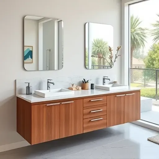 Modern bathroom vanity in Vista California with marble countertops undermount sinks chrome fixtures wood cabinetry and natural light