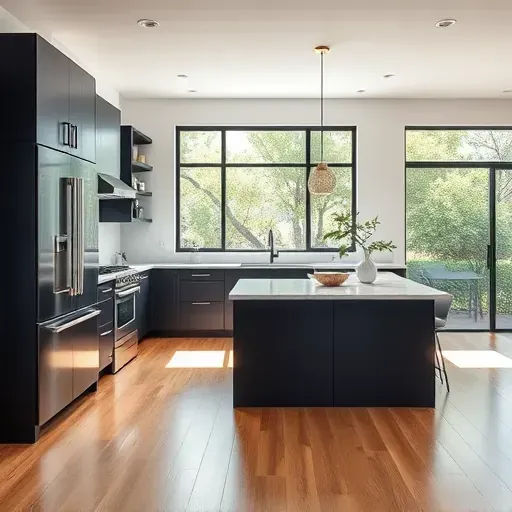 Renovated modern kitchen in Vista CA with navy matte cabinets stainless appliances marble island light hardwood flooring lush outdoor view
