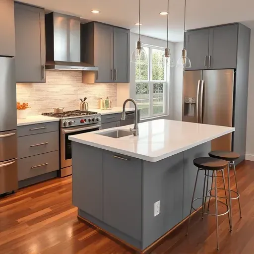 A stunning remodeled Deer Springs kitchen features modern cabinetry, quartz island, stainless appliances, and hardwood floors.