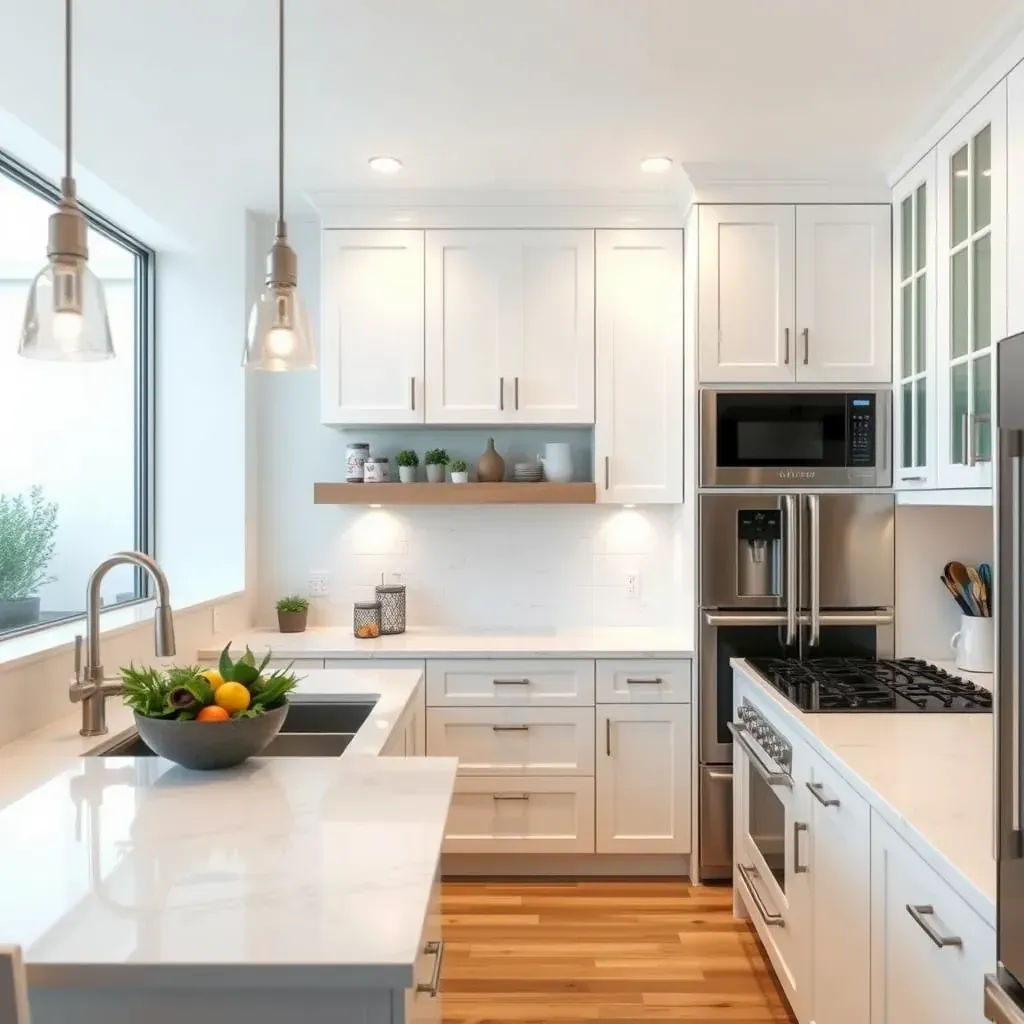 Modern kitchen in Vista, CA with white quartz countertops, custom matte cabinets, stainless steel appliances, and hardwood floors.