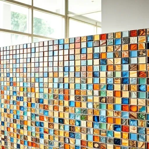 Close-up of a vibrant mosaic tile wall in a modern interior with earthy tones, blues, metallic accents, and natural daylight