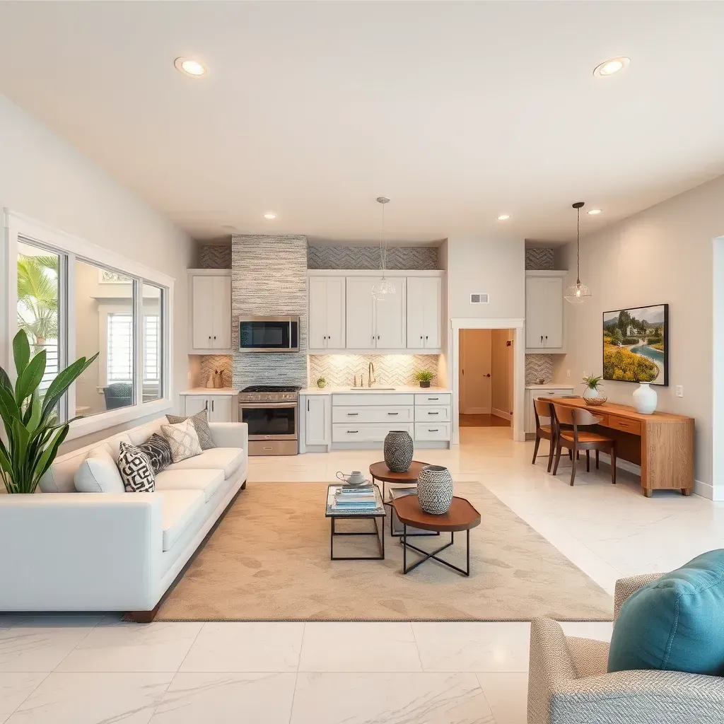 Modern kitchen renovation in Poway, CA featuring granite countertops, sleek cabinetry, and contemporary lighting.