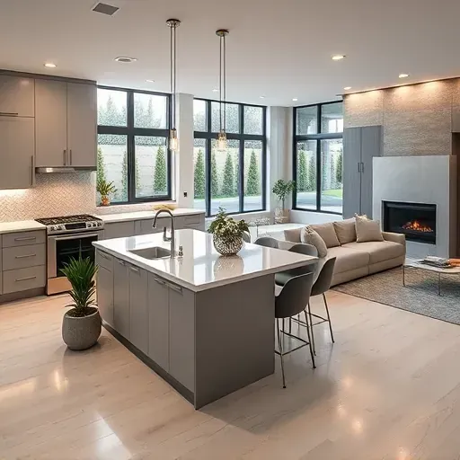Spacious modern kitchen with gray cabinetry, quartz countertops, and bar seating, illuminated by recessed lighting.