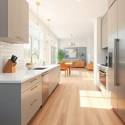 Remodeled Valley Center CA modern kitchen with matte cabinetry, stainless steel appliances, quartz countertops, white subway tile backsplash, light oak floors, and natural light.