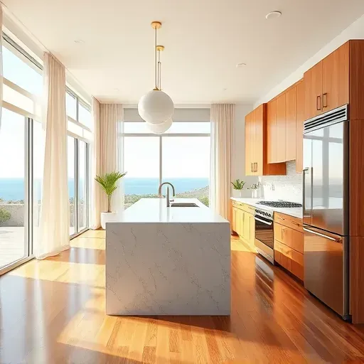 Remodeled kitchen in Solana Beach with modern cabinetry, quartz countertops, and stainless steel appliances bathed in sunlight.