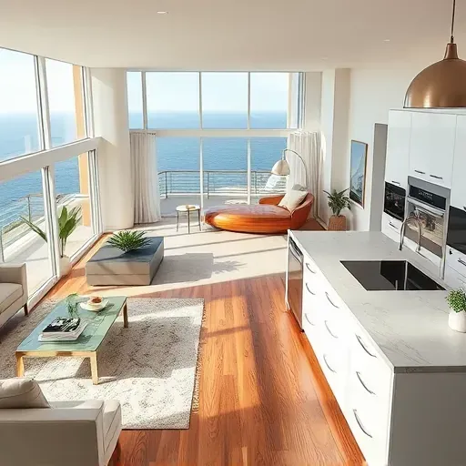Home remodeling in Oceanside CA featuring open-concept living space, modern kitchen, ocean views, and elegant decor.