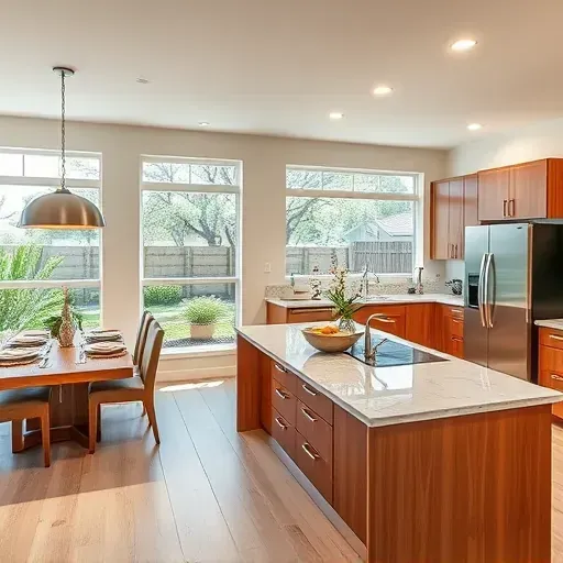 Modern open-concept kitchen remodel in Valley Center CA with custom cabinetry, marble island, and bright natural light.