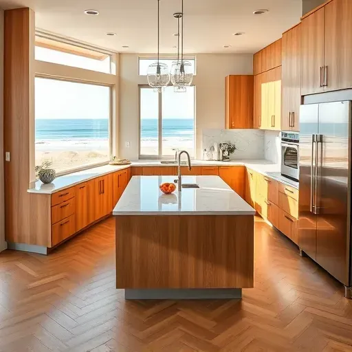 Beautiful renovated Leucadia kitchen with warm oak cabinets, stainless steel appliances, marble island, coastal view, and herringbone hardwood floors