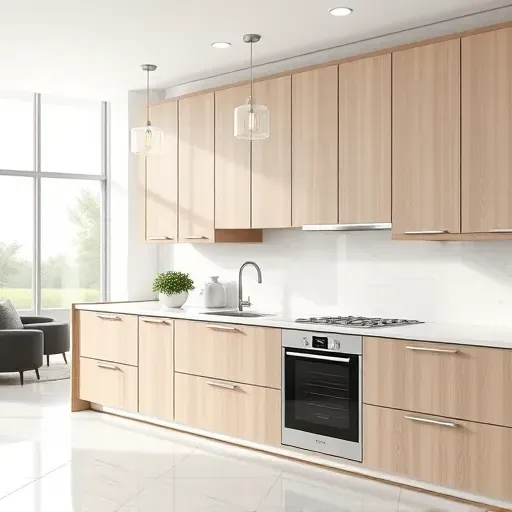 Newly installed modern RTA cabinets with matte finish, wood grain details, in a stylish bright kitchen setting in Vista CA