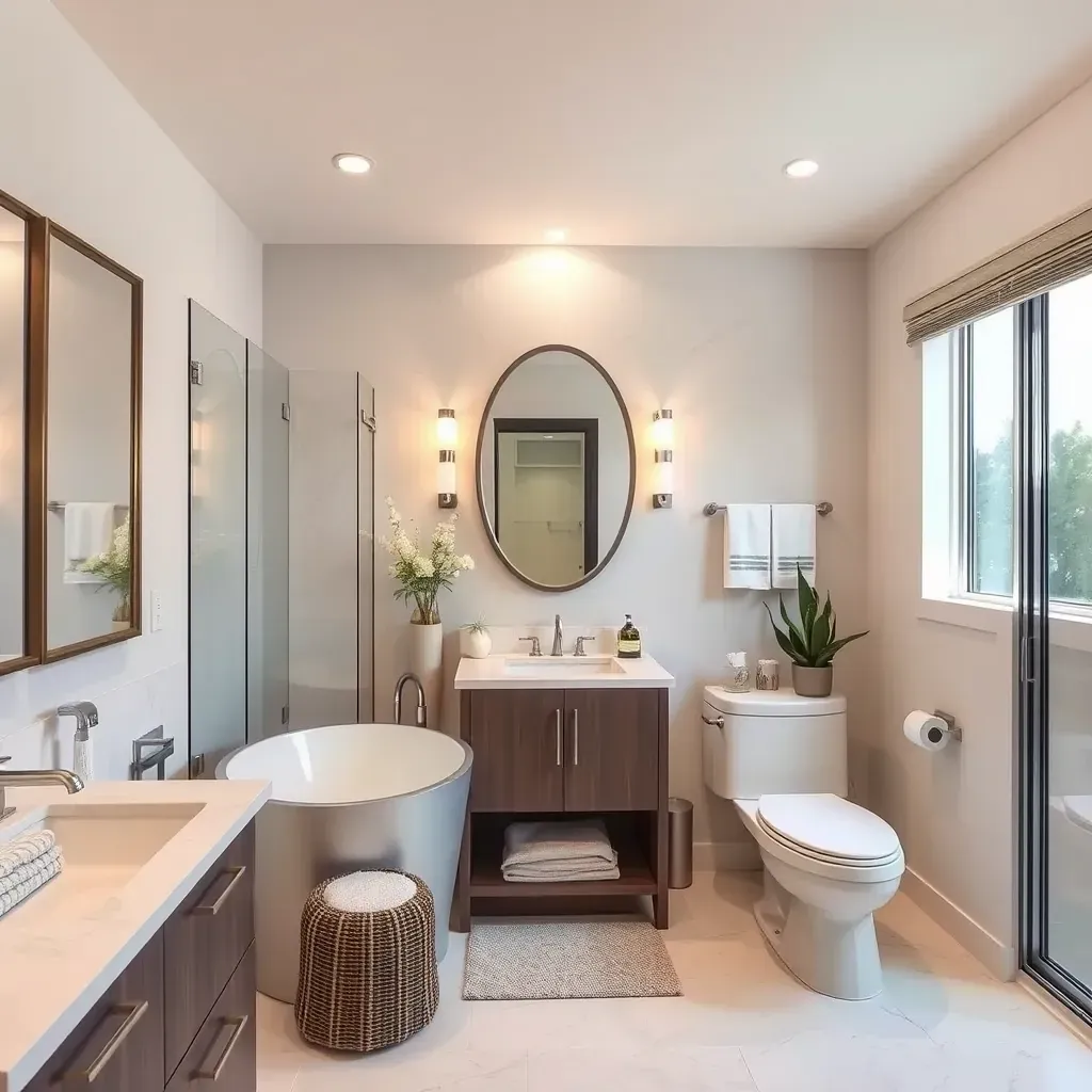 Modern bathroom remodel in Vista, CA featuring a glass-enclosed shower, soaking tub, double vanity, and natural light.