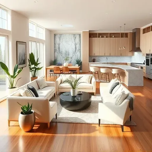 Beautifully remodeled living room in University City CA features modern furnishings, large windows, and lush plants.