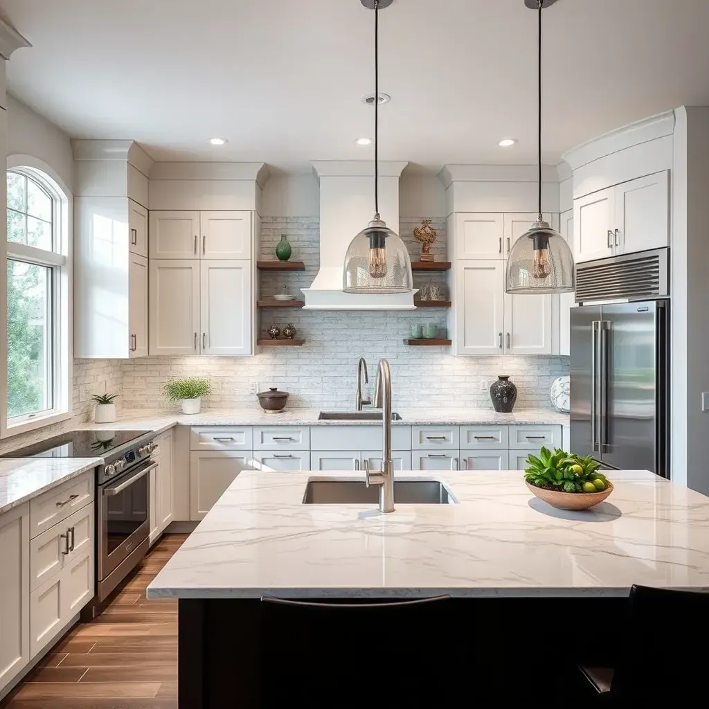 Remodeled Hidden Meadows, CA kitchen with white cabinets, granite countertops, stainless appliances, and desert views.